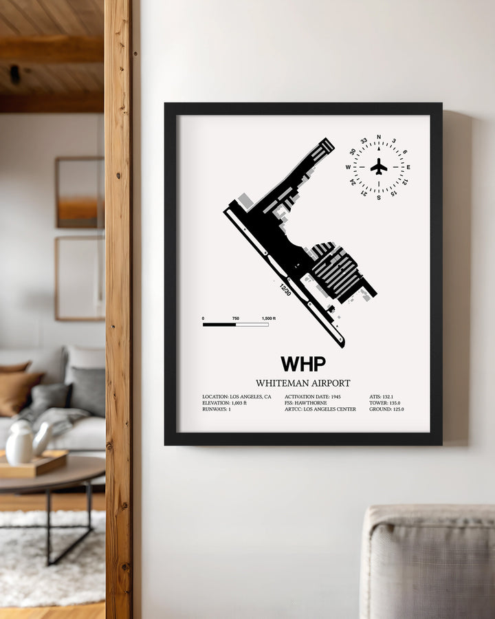 Framed Detailed Airport Map of Whiteman Airport (WHP) in White with a Black Frame