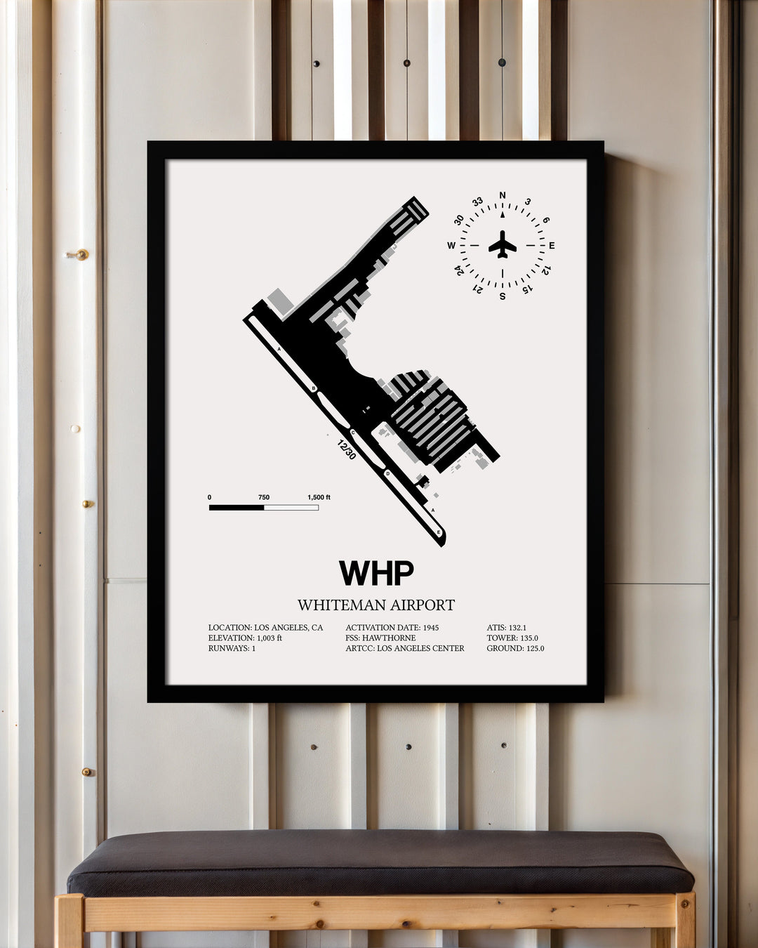Framed Detailed Airport Map of Whiteman Airport (WHP) in White with a Black Frame