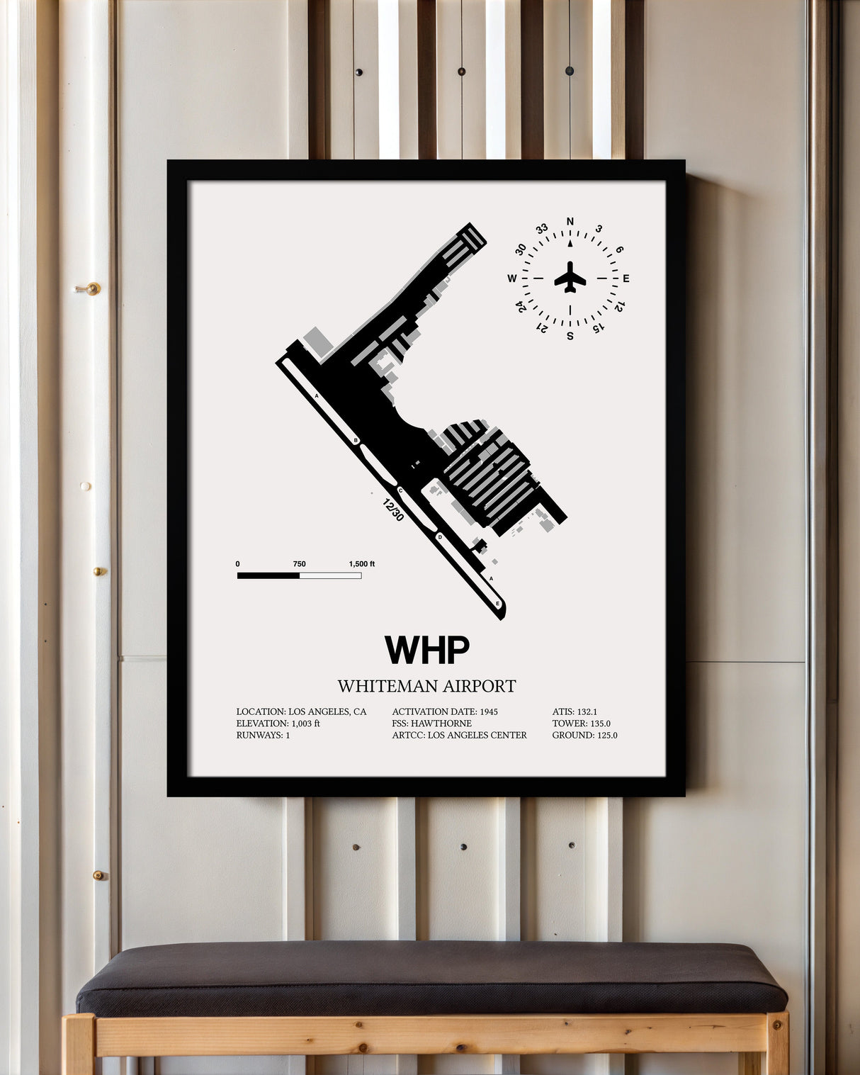 Framed Detailed Airport Map of Whiteman Airport (WHP) in White with a Black Frame