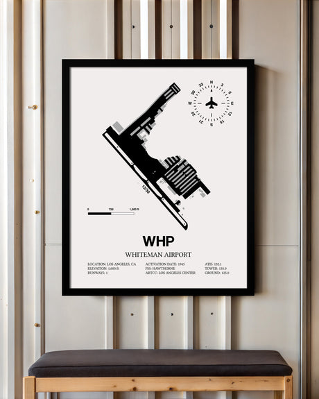 Framed Detailed Airport Map of Whiteman Airport (WHP) in White with a Black Frame