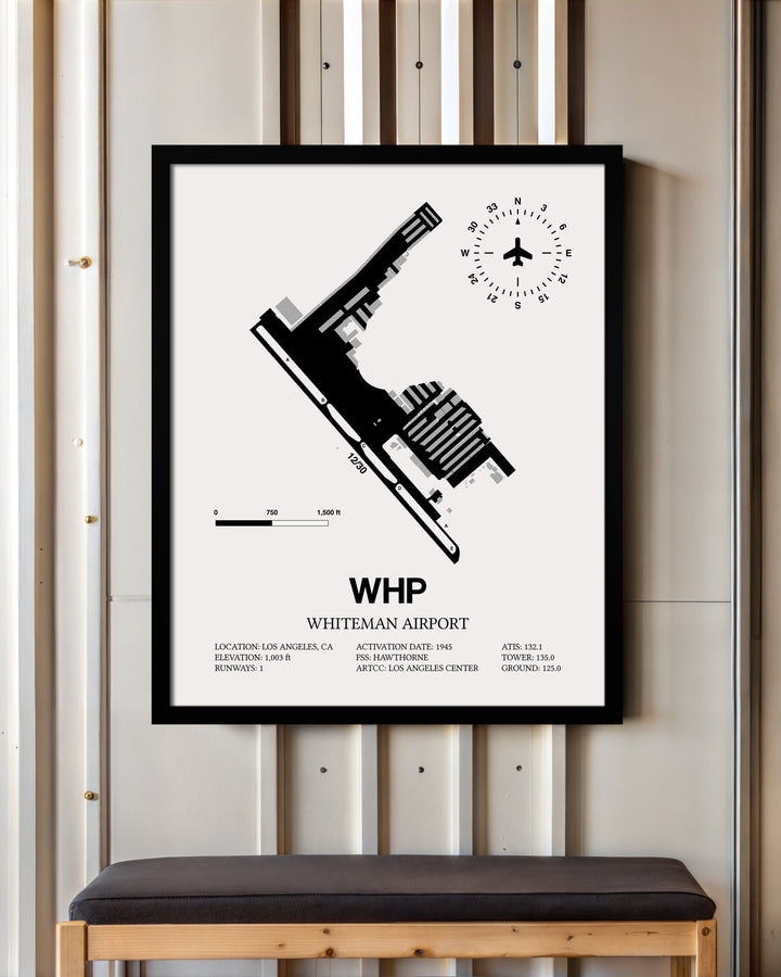 Framed Detailed Airport Map of Whiteman Airport (WHP) in White with a Black Frame