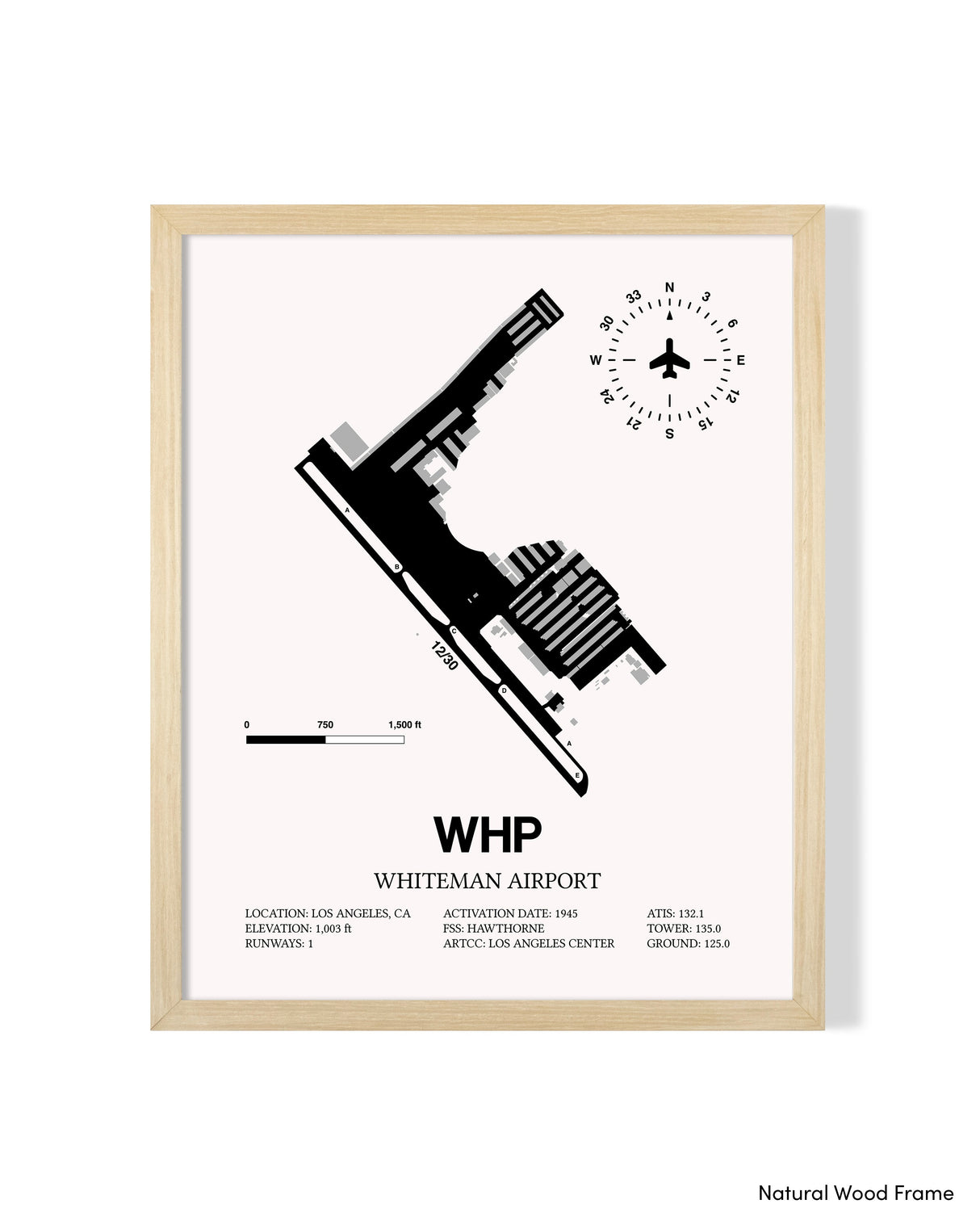 Detailed Airport Map of Whiteman Airport (WHP) in White with a Natural Frame