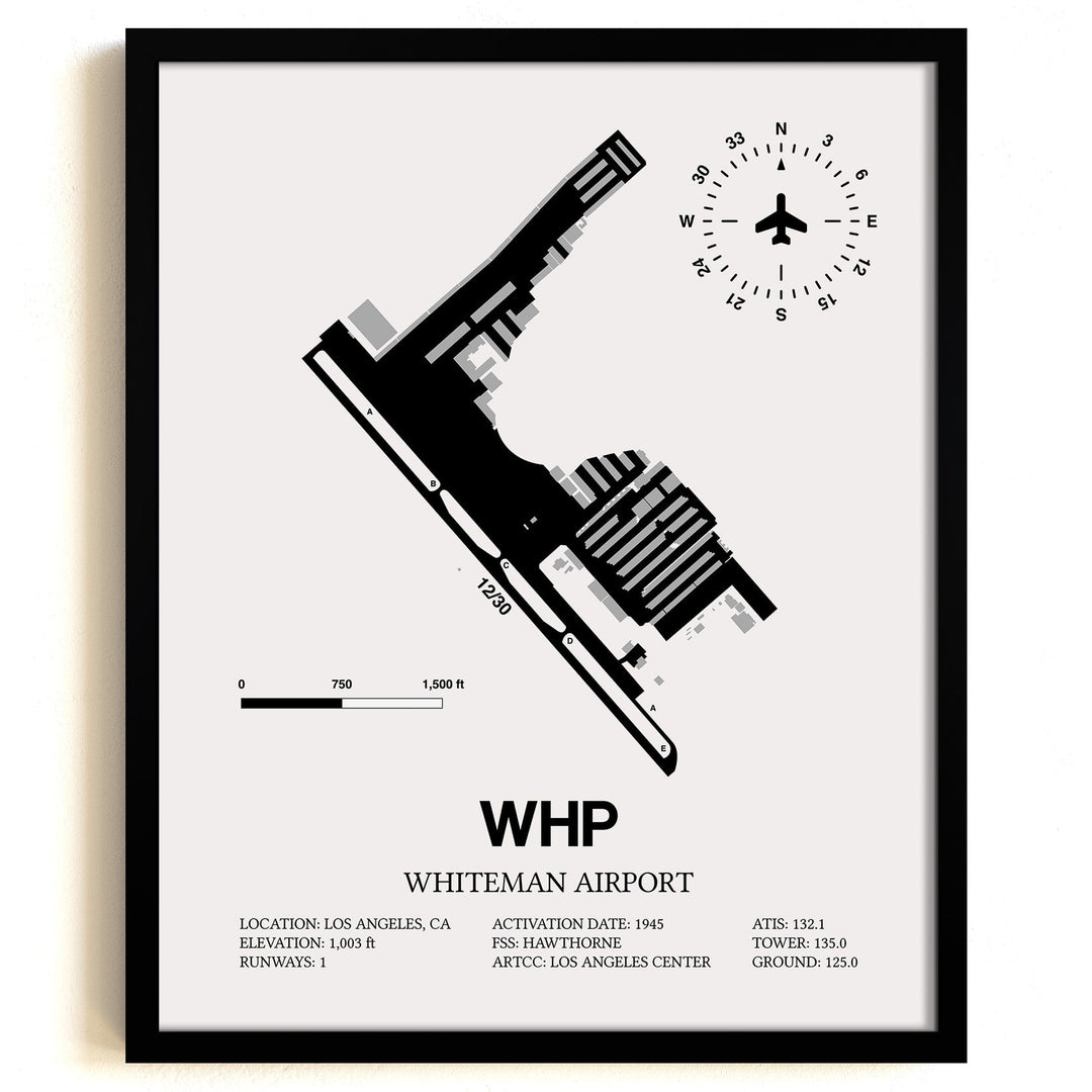 Framed Detailed Airport Map of Whiteman Airport (WHP) in White with a Black Frame