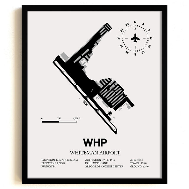 Framed Detailed Airport Map of Whiteman Airport (WHP) in White with a Black Frame