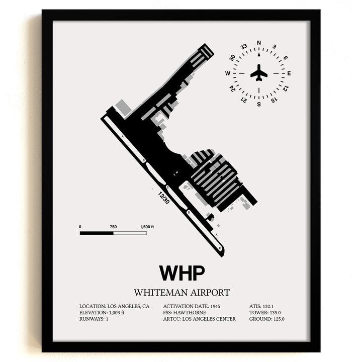 Framed Detailed Airport Map of Whiteman Airport (WHP) in White with a Black Frame