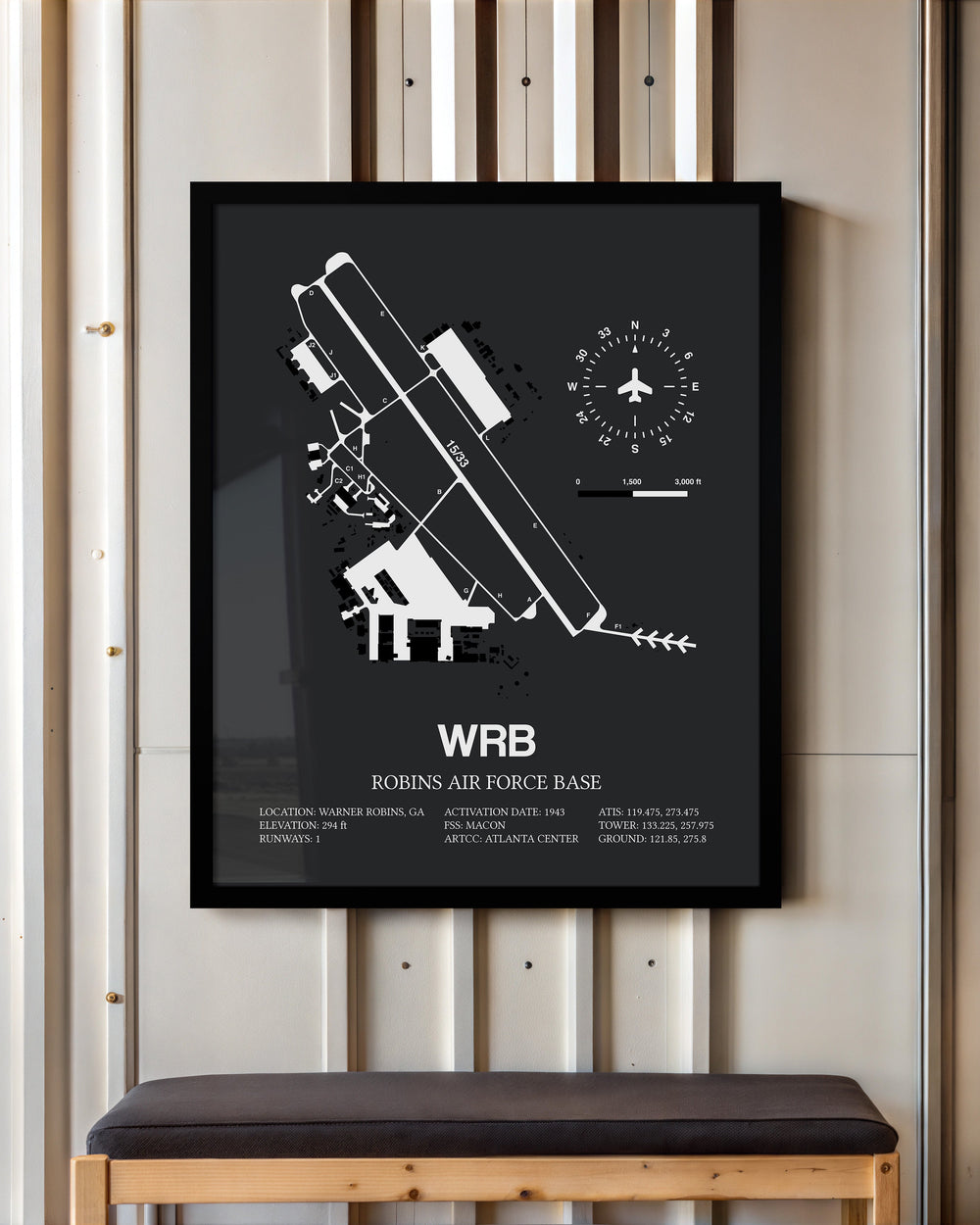 Framed Detailed Airport Map of Robins Air Force Base (WRB) in Gray with a Black Frame