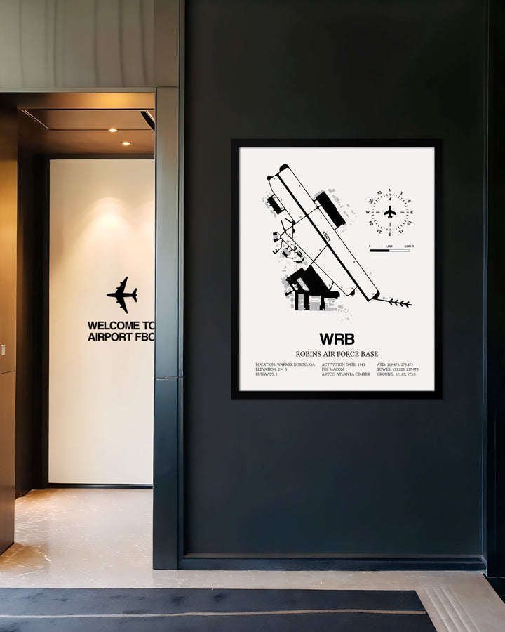 Framed Detailed Airport Map of Robins Air Force Base (WRB) in White with a Black Frame