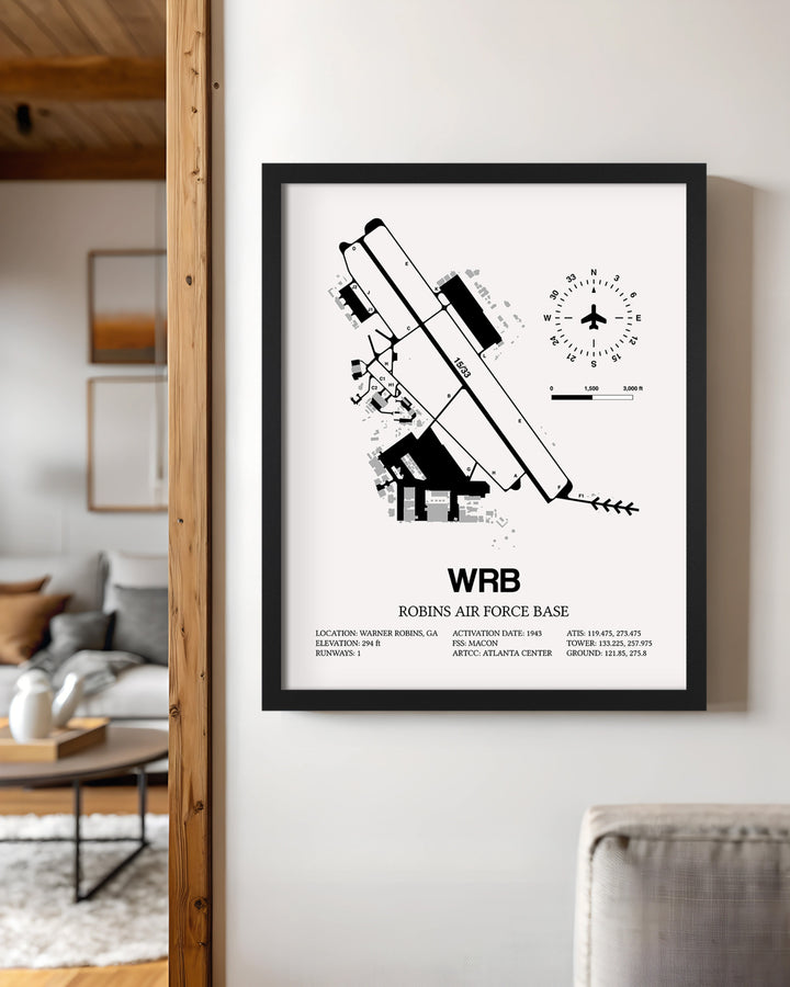 Framed Detailed Airport Map of Robins Air Force Base (WRB) in White with a Black Frame