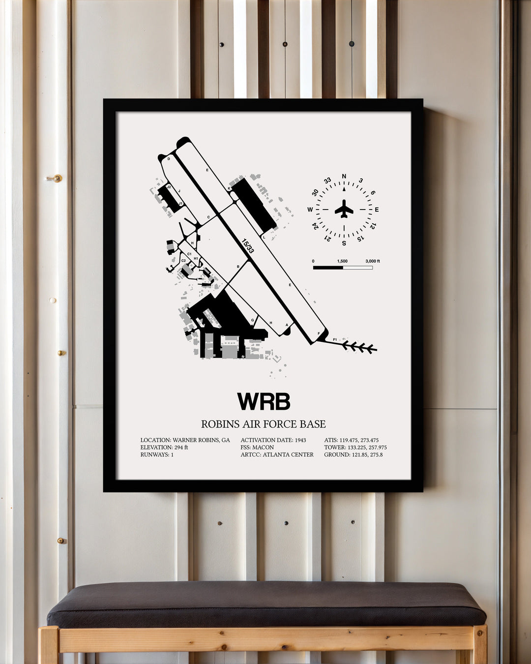 Framed Detailed Airport Map of Robins Air Force Base (WRB) in White with a Black Frame