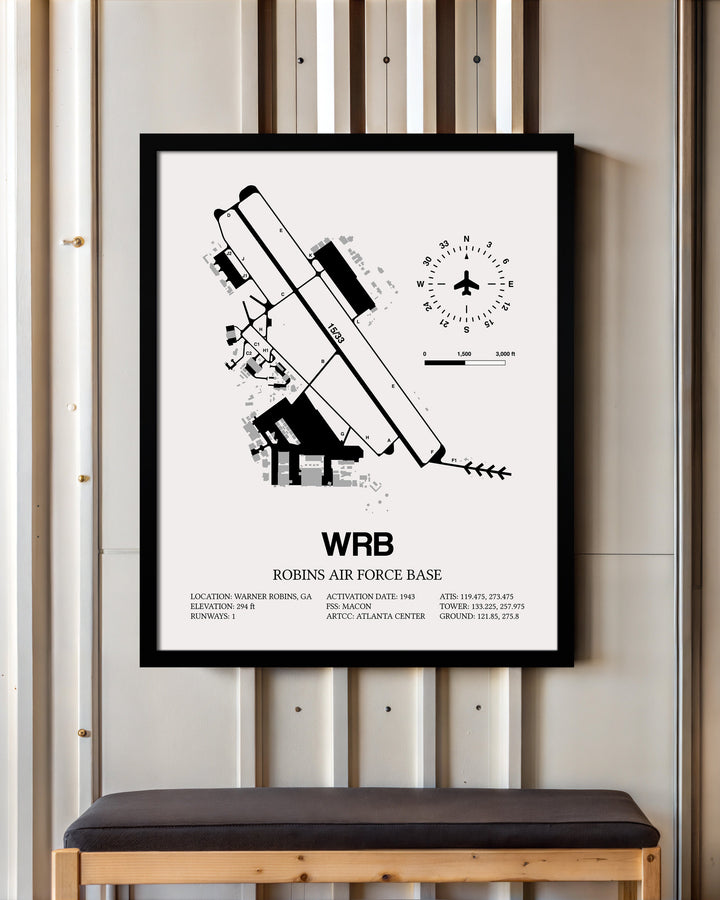 Framed Detailed Airport Map of Robins Air Force Base (WRB) in White with a Black Frame