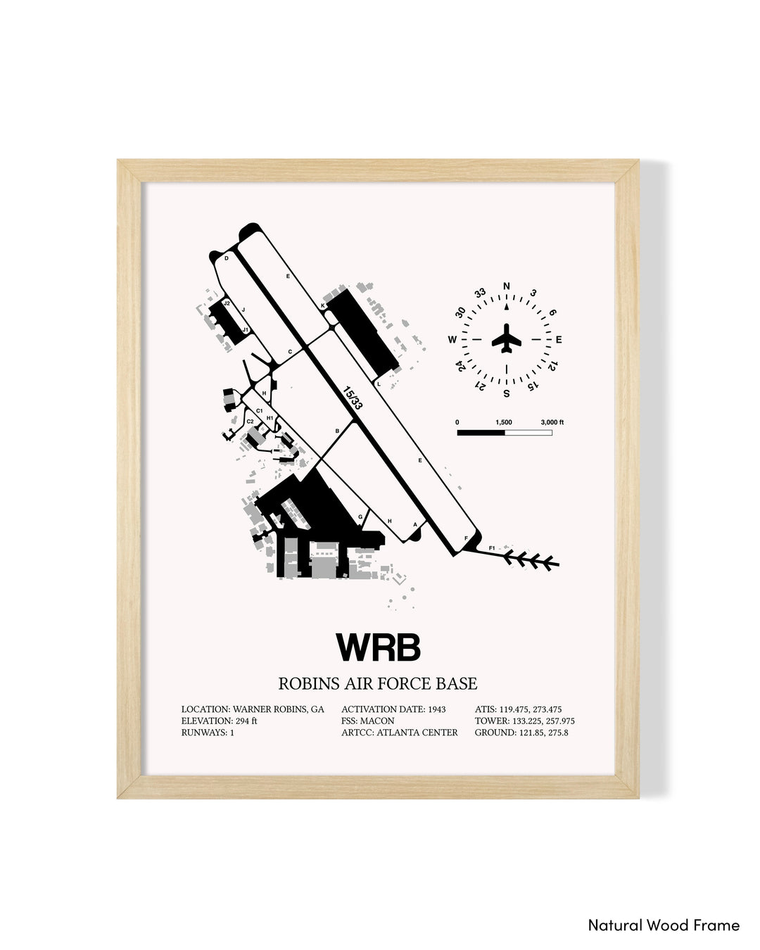 Detailed Airport Map of Robins Air Force Base (WRB) in White with a Natural Frame