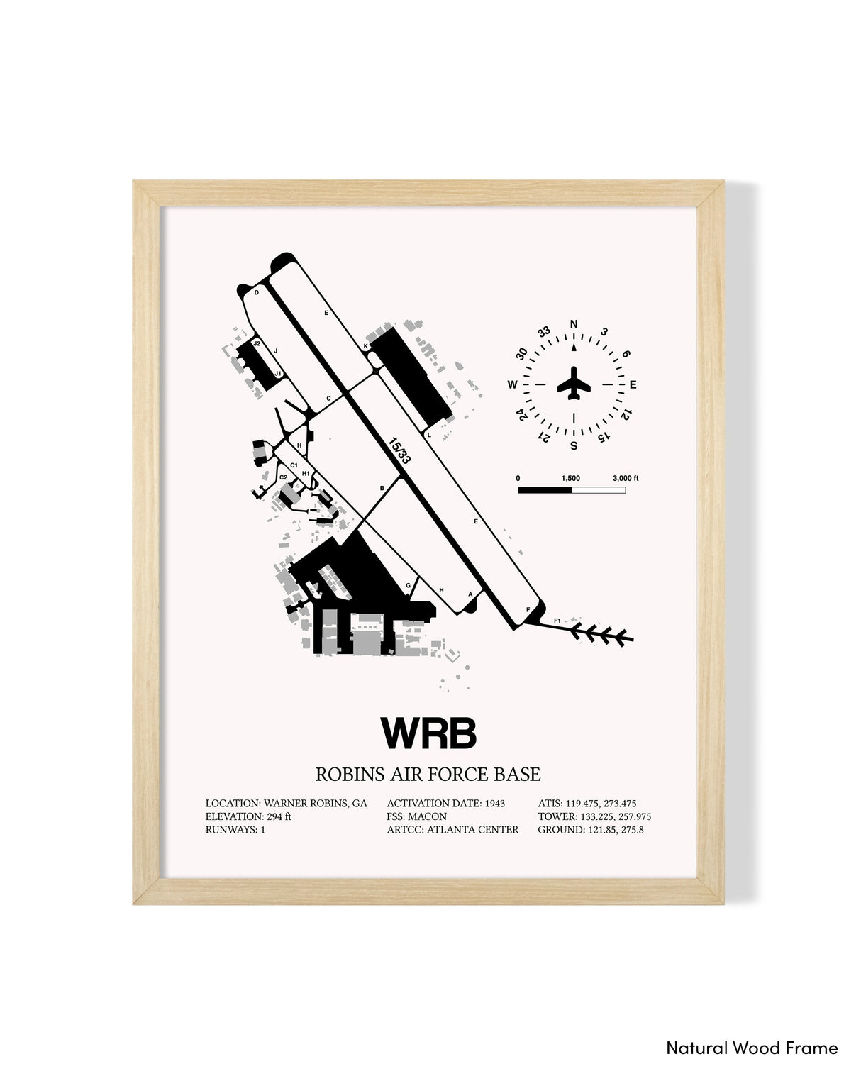 Detailed Airport Map of Robins Air Force Base (WRB) in White with a Natural Frame