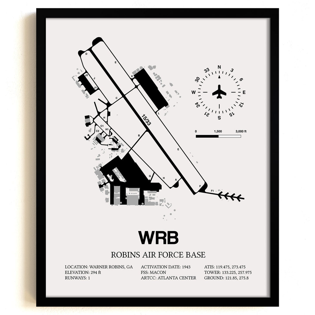 Framed Detailed Airport Map of Robins Air Force Base (WRB) in White with a Black Frame