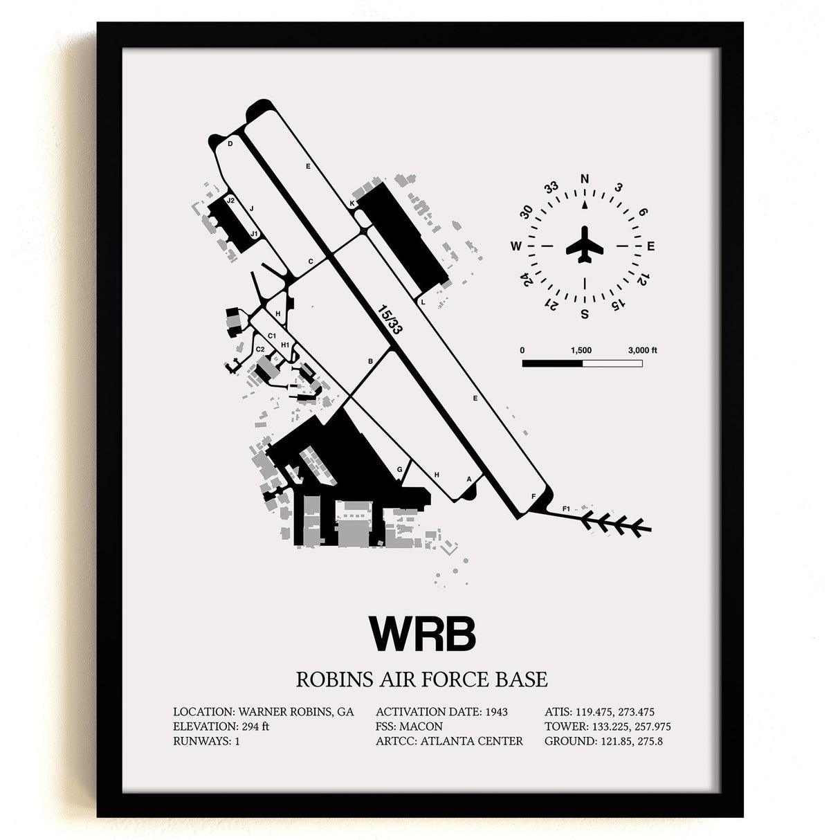 Framed Detailed Airport Map of Robins Air Force Base (WRB) in White with a Black Frame