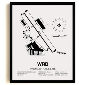 Framed Detailed Airport Map of Robins Air Force Base (WRB) in White with a Black Frame
