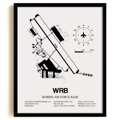 Framed Detailed Airport Map of Robins Air Force Base (WRB) in White with a Black Frame
