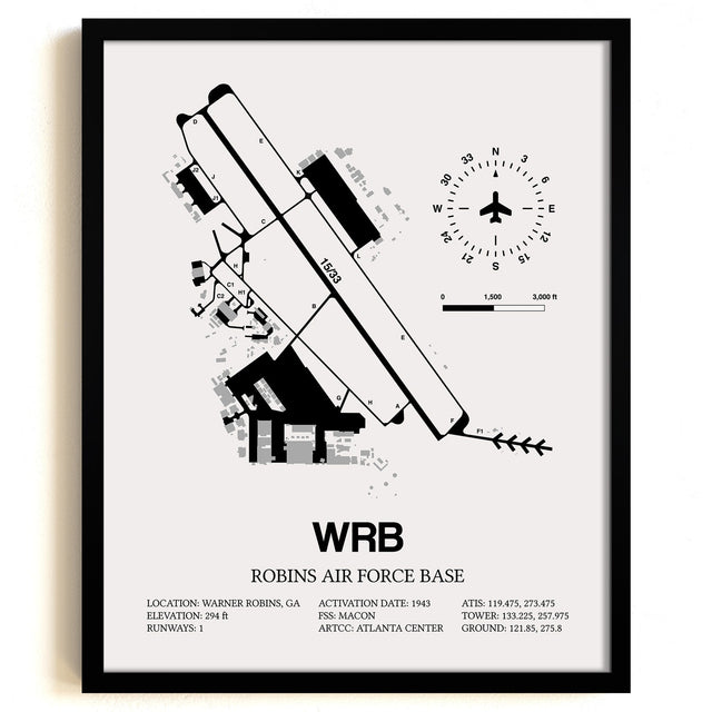 Framed Detailed Airport Map of Robins Air Force Base (WRB) in White with a Black Frame