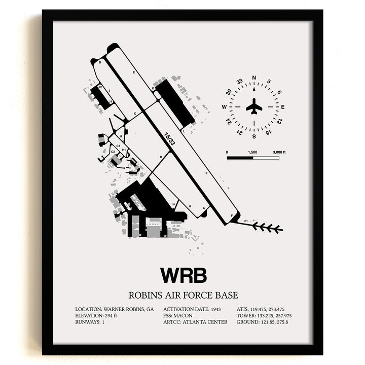 Framed Detailed Airport Map of Robins Air Force Base (WRB) in White with a Black Frame