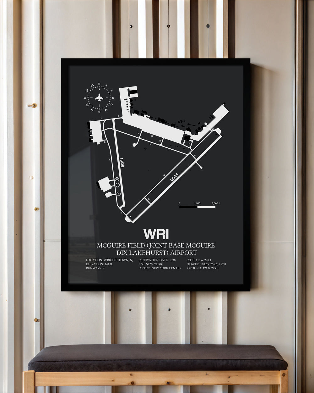 Framed Detailed Airport Map of McGuire Field (Joint Base Mcguire Dix Lakehurst) Airport (WRI) in Gray with a Black Frame