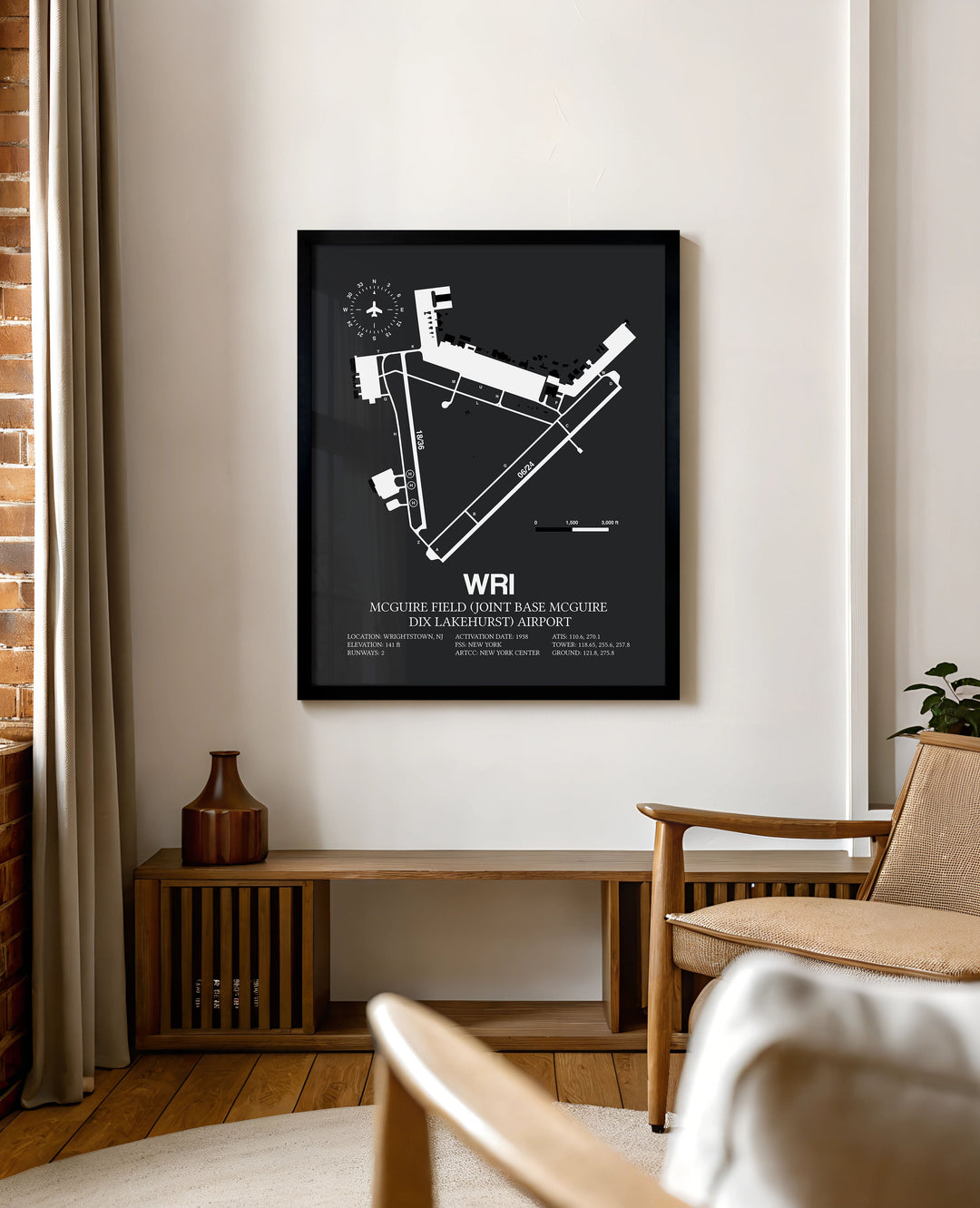 Framed Detailed Airport Map of McGuire Field (Joint Base Mcguire Dix Lakehurst) Airport (WRI) in Gray with a Black Frame