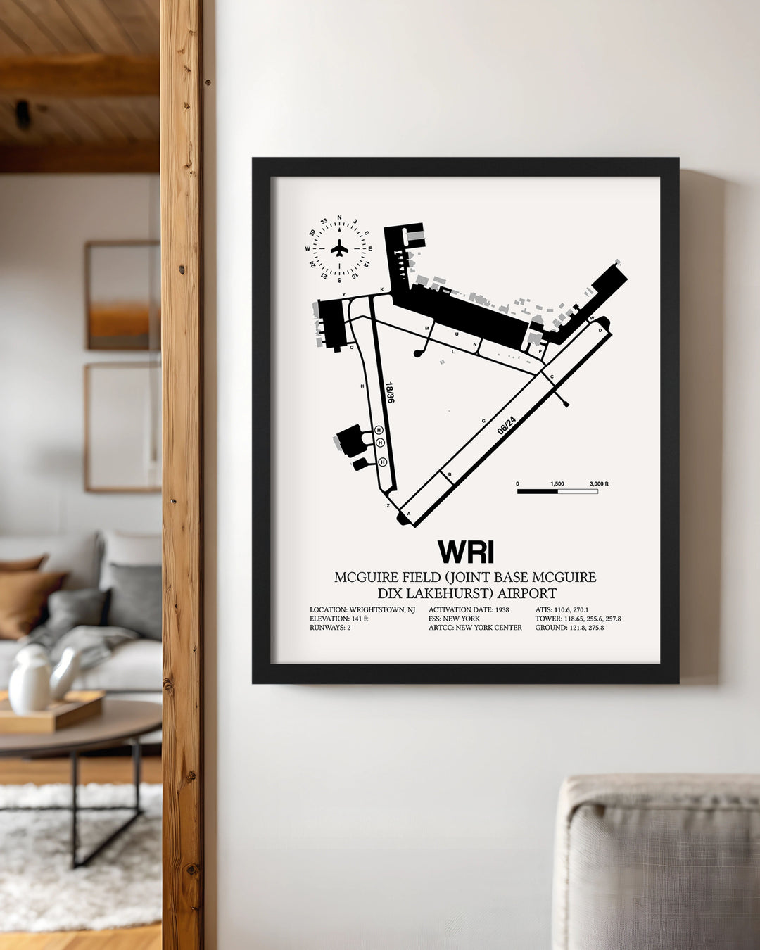 Framed Detailed Airport Map of McGuire Field (Joint Base Mcguire Dix Lakehurst) Airport (WRI) in White with a Black Frame