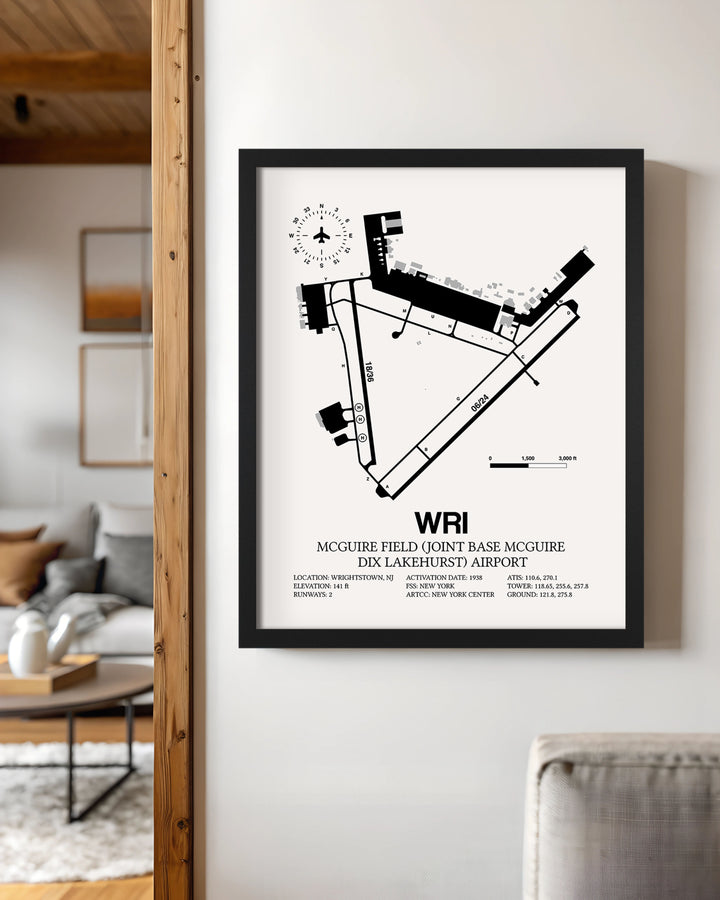Framed Detailed Airport Map of McGuire Field (Joint Base Mcguire Dix Lakehurst) Airport (WRI) in White with a Black Frame