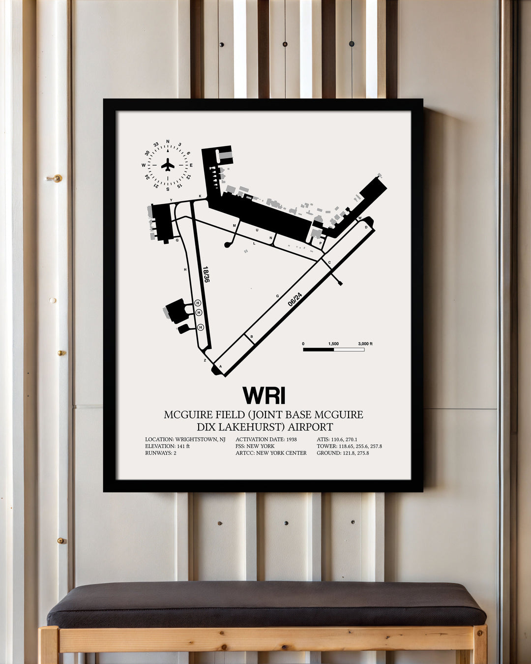 Framed Detailed Airport Map of McGuire Field (Joint Base Mcguire Dix Lakehurst) Airport (WRI) in White with a Black Frame