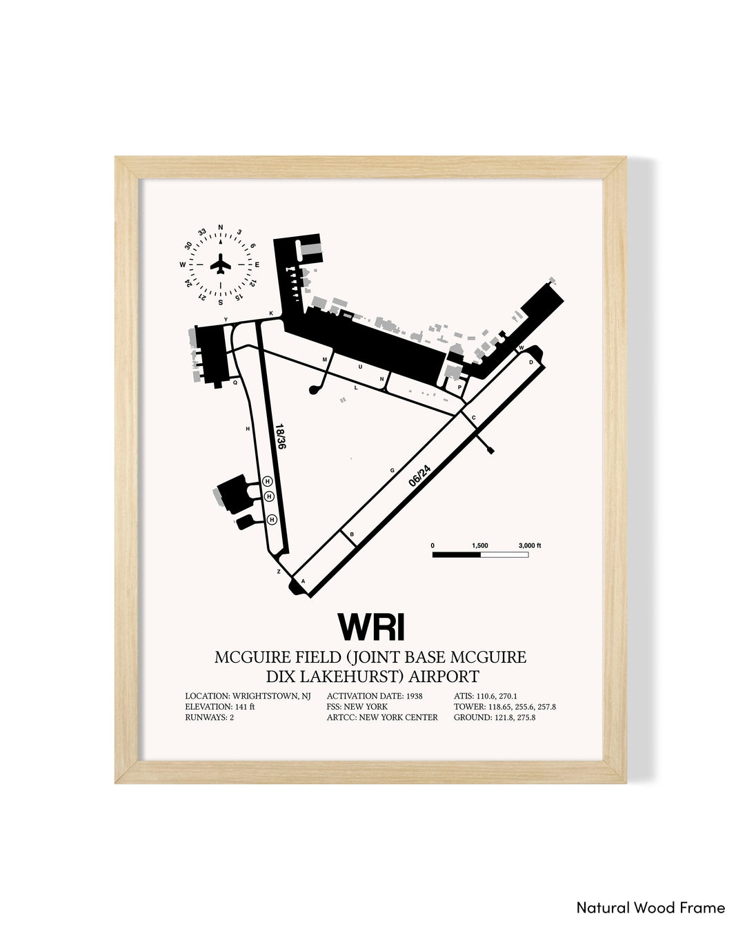 Detailed Airport Map of McGuire Field (Joint Base Mcguire Dix Lakehurst) Airport (WRI) in White with a Natural Frame