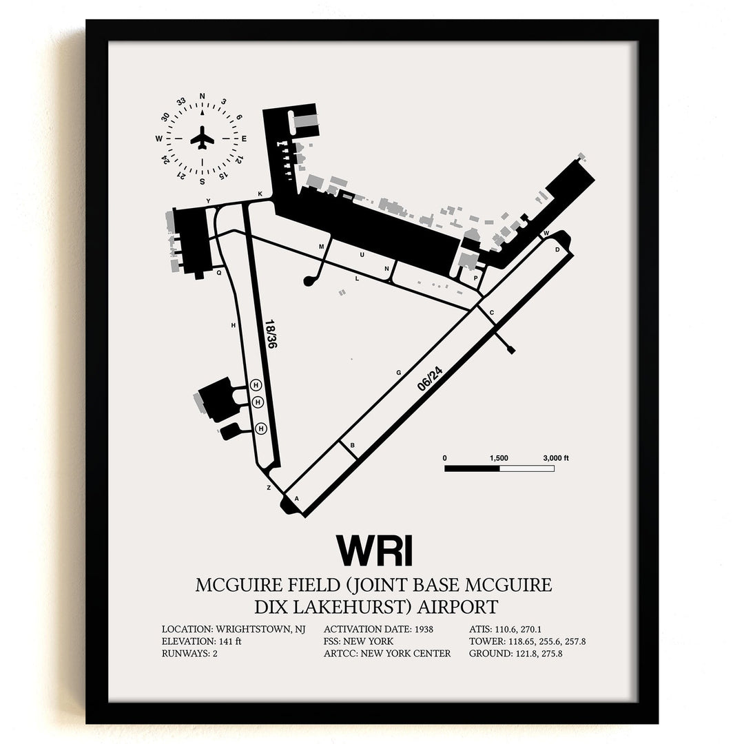 Framed Detailed Airport Map of McGuire Field (Joint Base Mcguire Dix Lakehurst) Airport (WRI) in White with a Black Frame