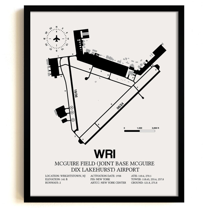 Framed Detailed Airport Map of McGuire Field (Joint Base Mcguire Dix Lakehurst) Airport (WRI) in White with a Black Frame