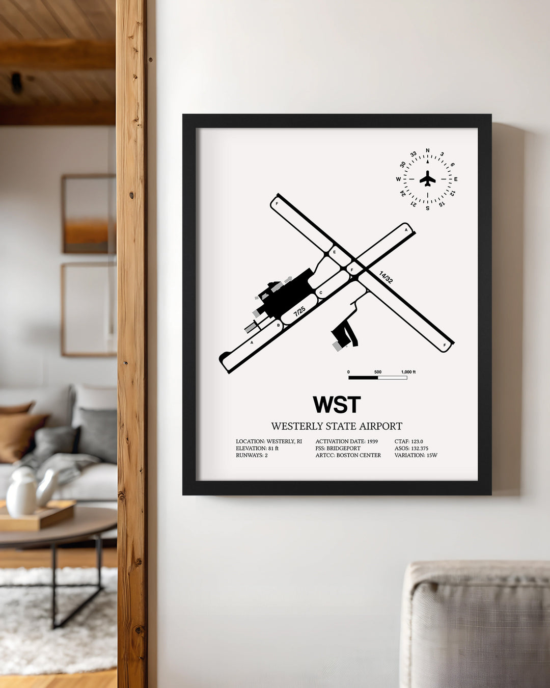 Framed Detailed Airport Map of Westerly State Airport (WST) in White with a Black Frame