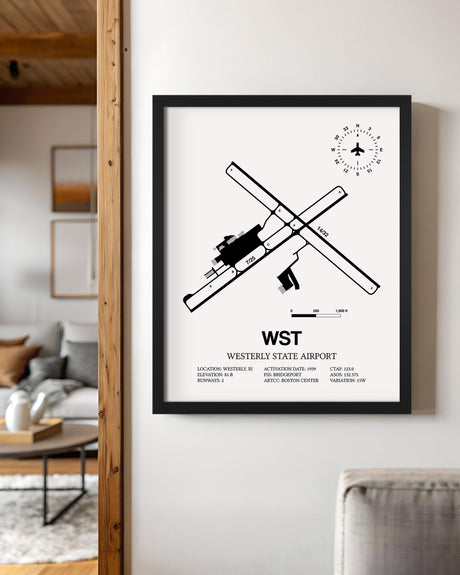 Framed Detailed Airport Map of Westerly State Airport (WST) in White with a Black Frame