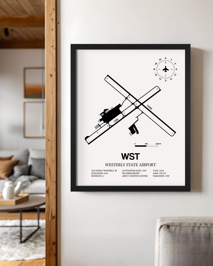 Framed Detailed Airport Map of Westerly State Airport (WST) in White with a Black Frame