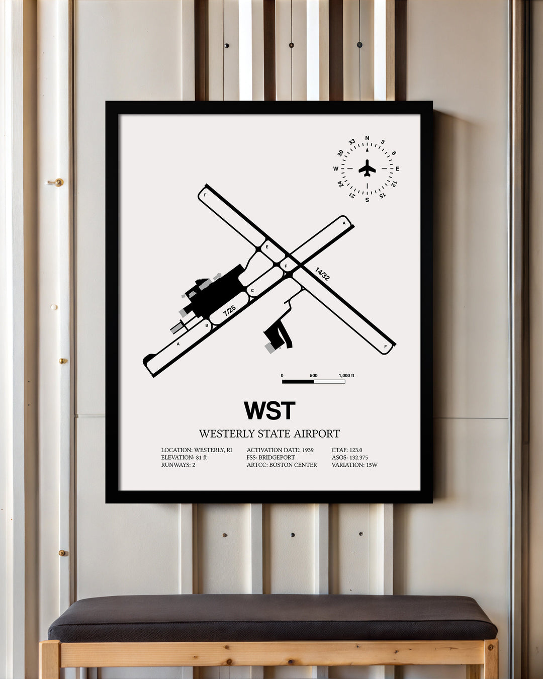 Framed Detailed Airport Map of Westerly State Airport (WST) in White with a Black Frame
