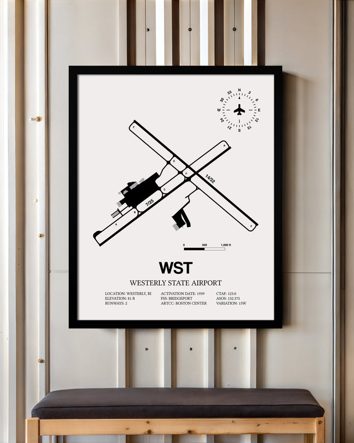 Framed Detailed Airport Map of Westerly State Airport (WST) in White with a Black Frame