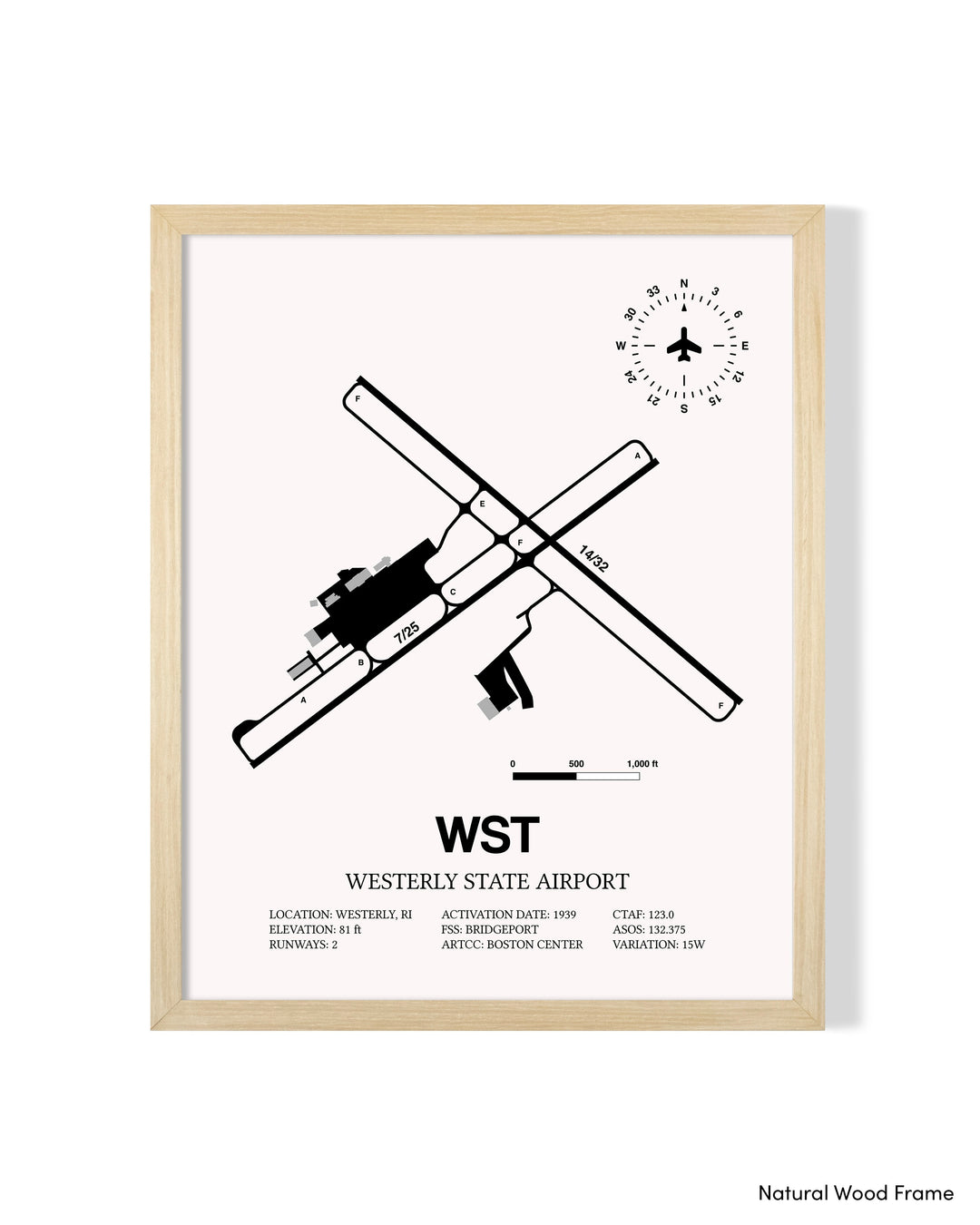 Detailed Airport Map of Westerly State Airport (WST) in White with a Natural Frame