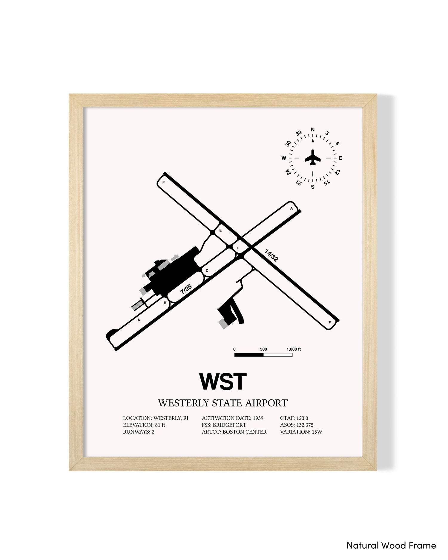 Detailed Airport Map of Westerly State Airport (WST) in White with a Natural Frame