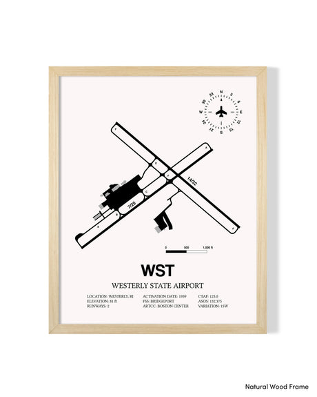 Detailed Airport Map of Westerly State Airport (WST) in White with a Natural Frame