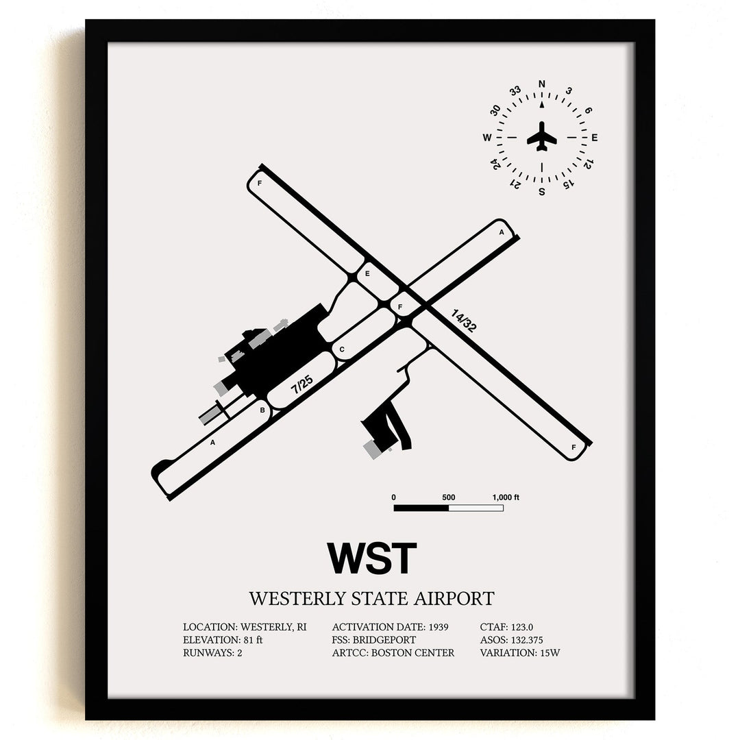 Framed Detailed Airport Map of Westerly State Airport (WST) in White with a Black Frame