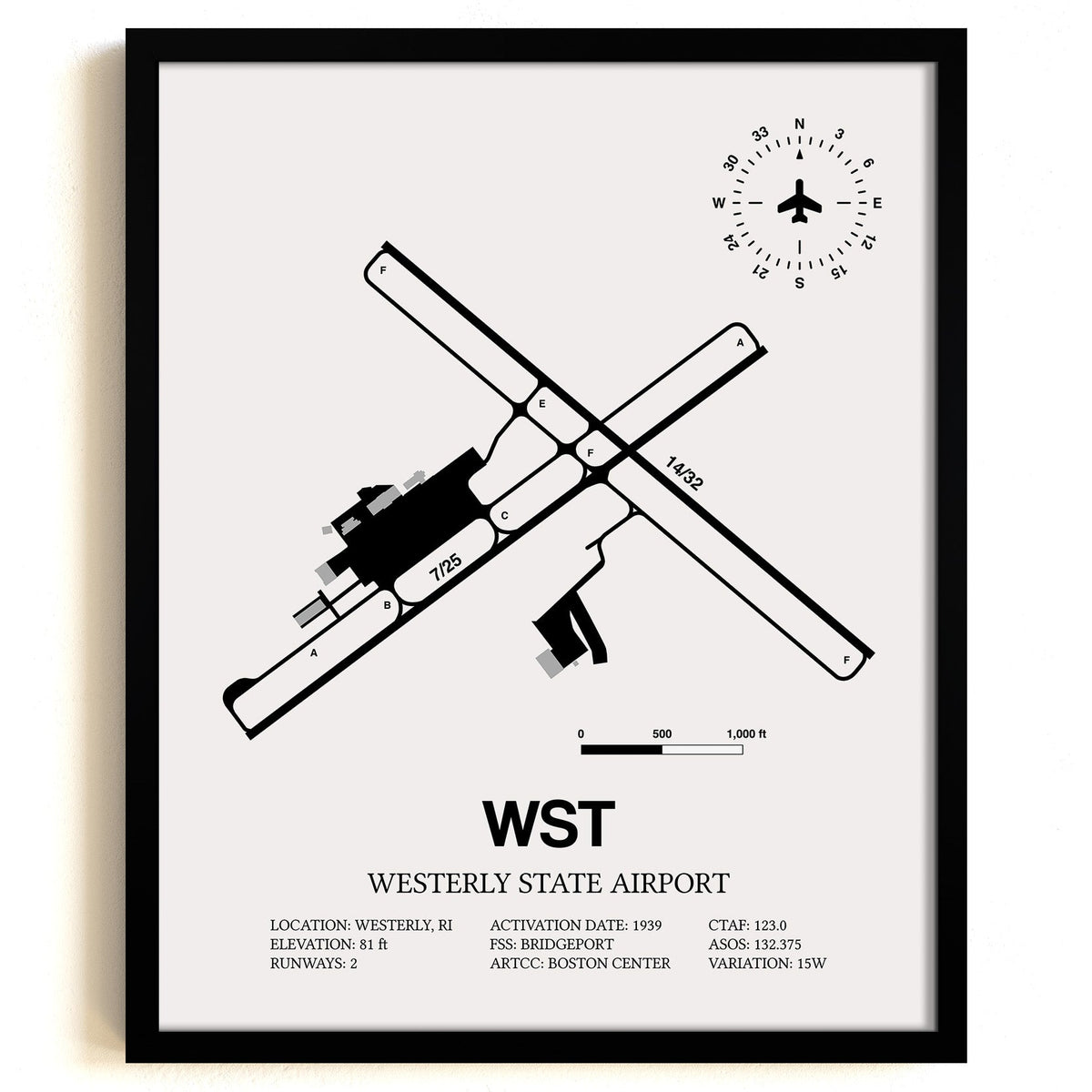 Framed Detailed Airport Map of Westerly State Airport (WST) in White with a Black Frame
