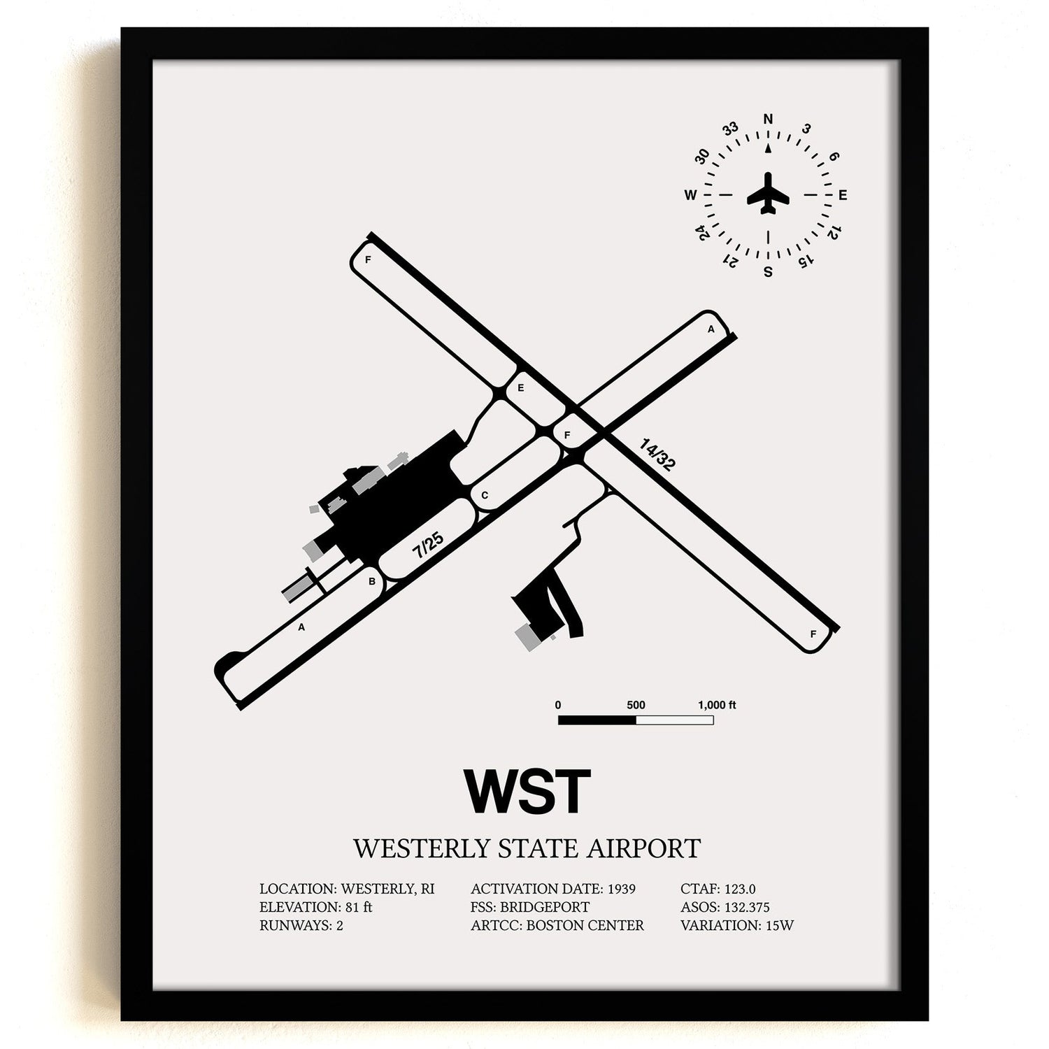 Framed Detailed Airport Map of Westerly State Airport (WST) in White with a Black Frame