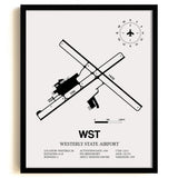 Framed Detailed Airport Map of Westerly State Airport (WST) in White with a Black Frame