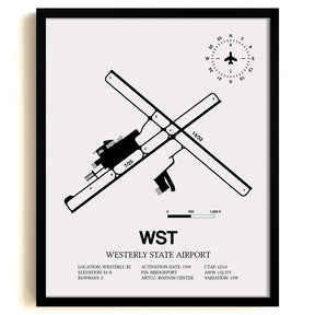 Framed Detailed Airport Map of Westerly State Airport (WST) in White with a Black Frame