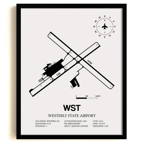 Framed Detailed Airport Map of Westerly State Airport (WST) in White with a Black Frame