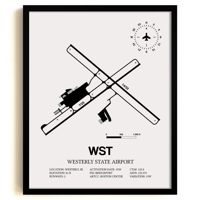 Framed Detailed Airport Map of Westerly State Airport (WST) in White with a Black Frame