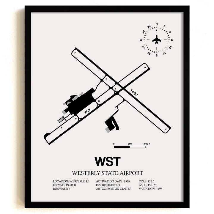 Framed Detailed Airport Map of Westerly State Airport (WST) in White with a Black Frame