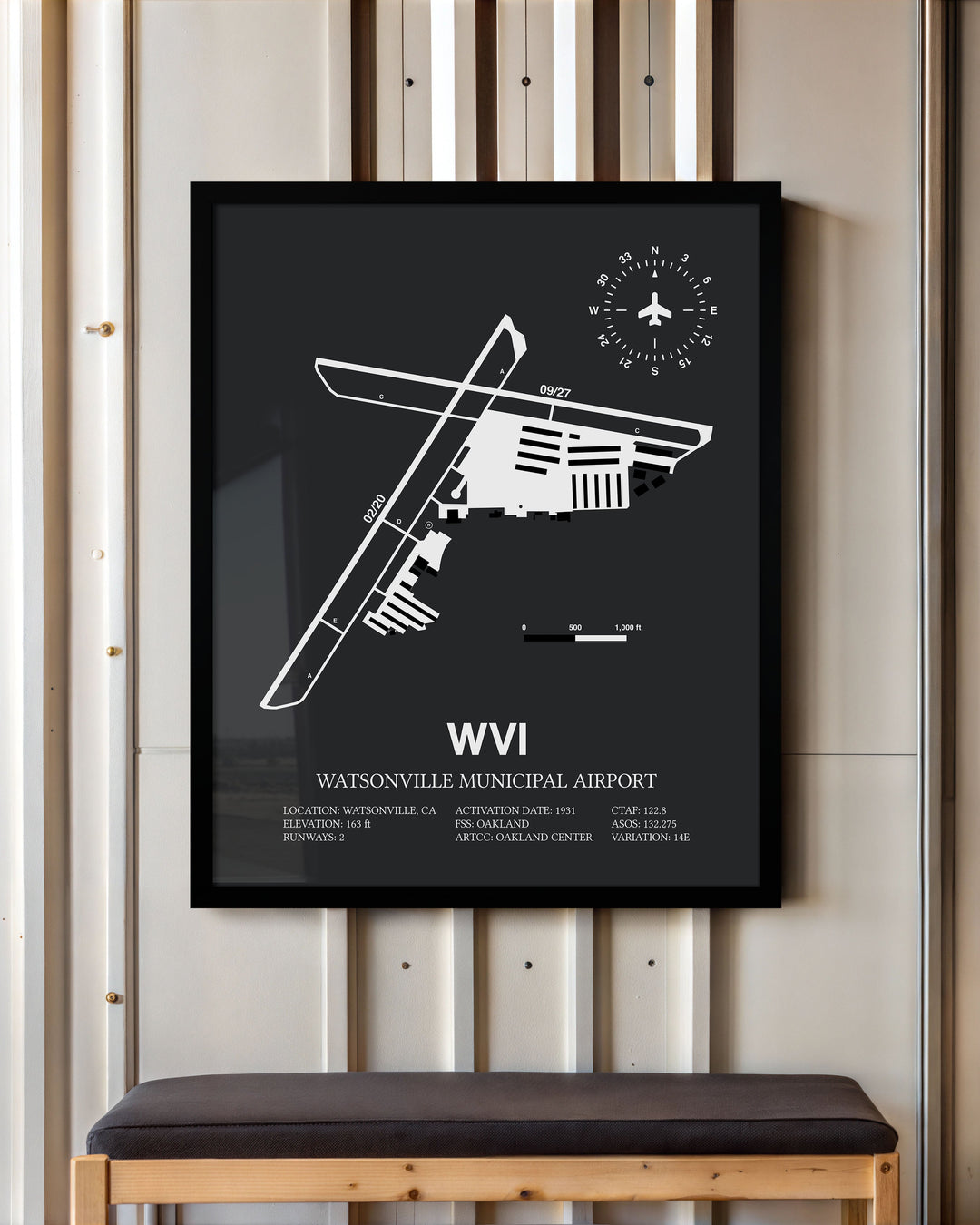 Framed Detailed Airport Map of Watsonville Municipal Airport (WVI) in Gray with a Black Frame