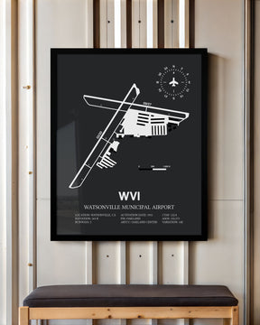 Framed Detailed Airport Map of Watsonville Municipal Airport (WVI) in Gray with a Black Frame