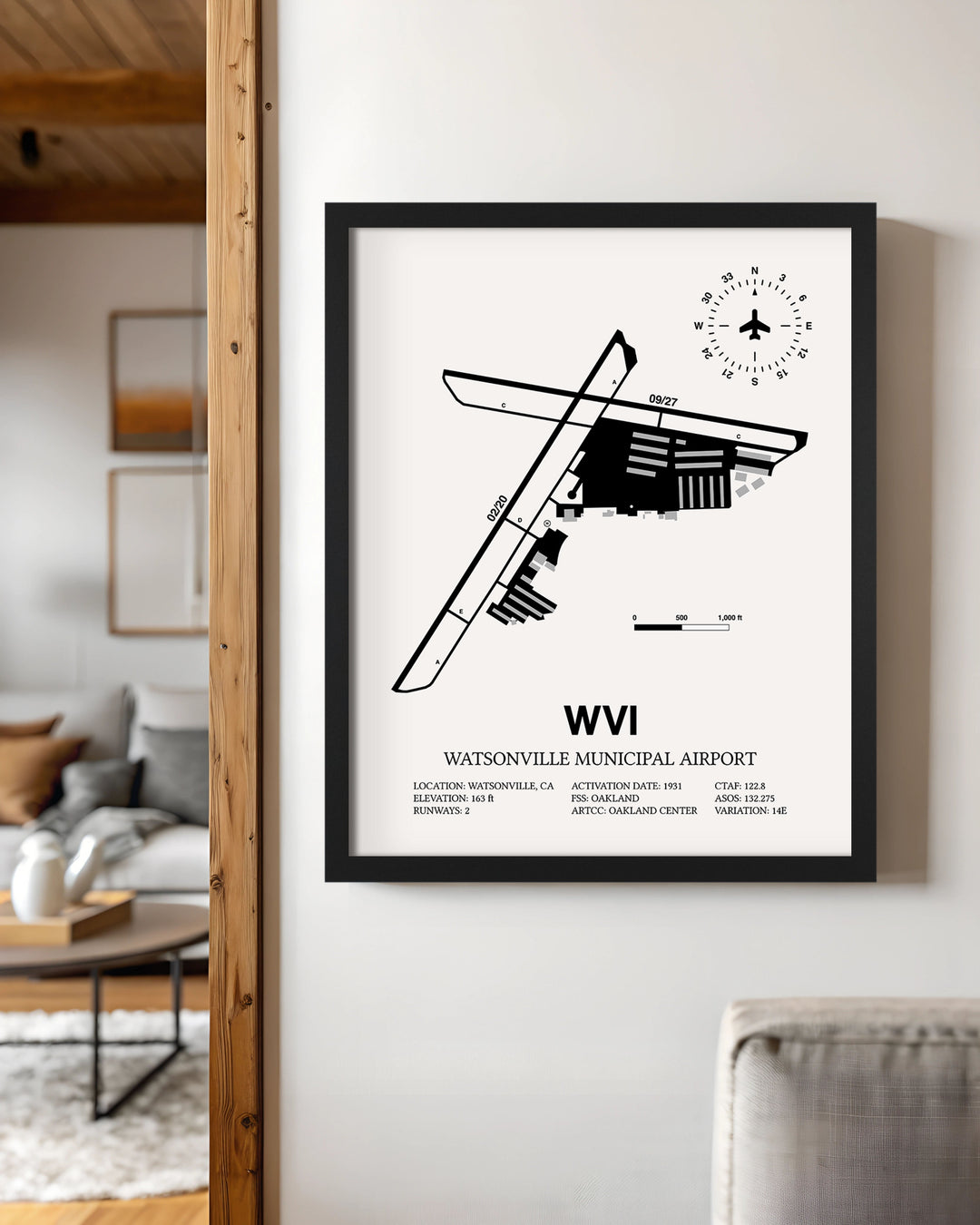 Framed Detailed Airport Map of Watsonville Municipal Airport (WVI) in White with a Black Frame