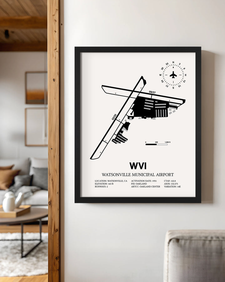 Framed Detailed Airport Map of Watsonville Municipal Airport (WVI) in White with a Black Frame